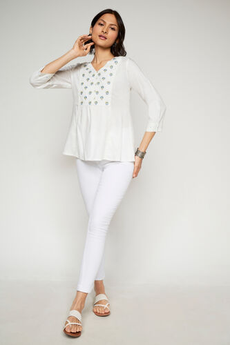 White Solid Embroidered Fit And Flare Top, White, image 1